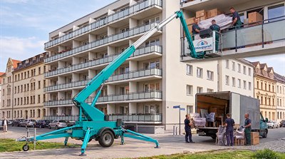 KI-Bild: Anhänger-Arbeitsbühne beim Umzug KI-Bild: Anhänger-Arbeitsbühne beim Umzug
