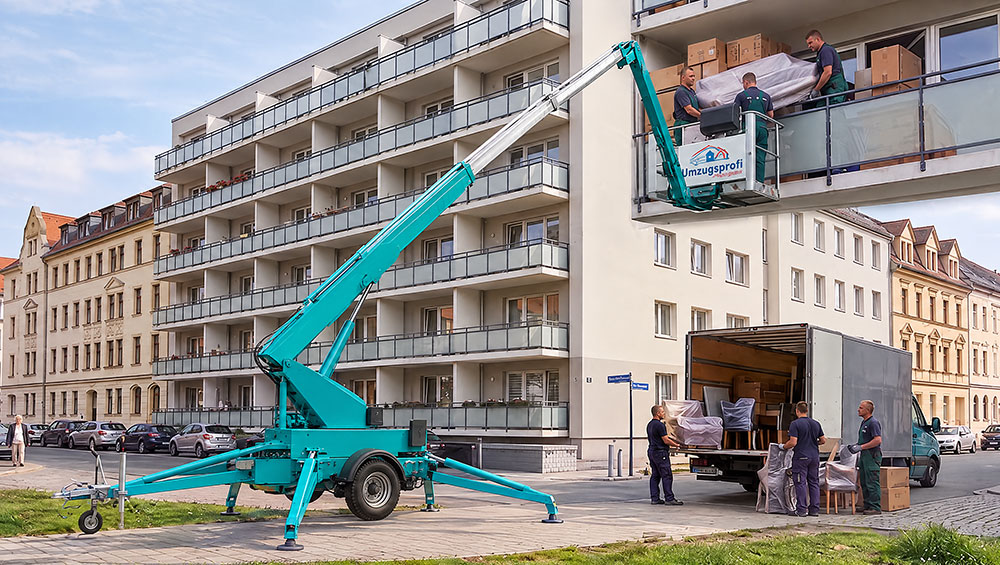 Anhänger-Arbeitsbühne beim Umzug: Möbelpacker heben Kartons im Korb auf einen Balkon