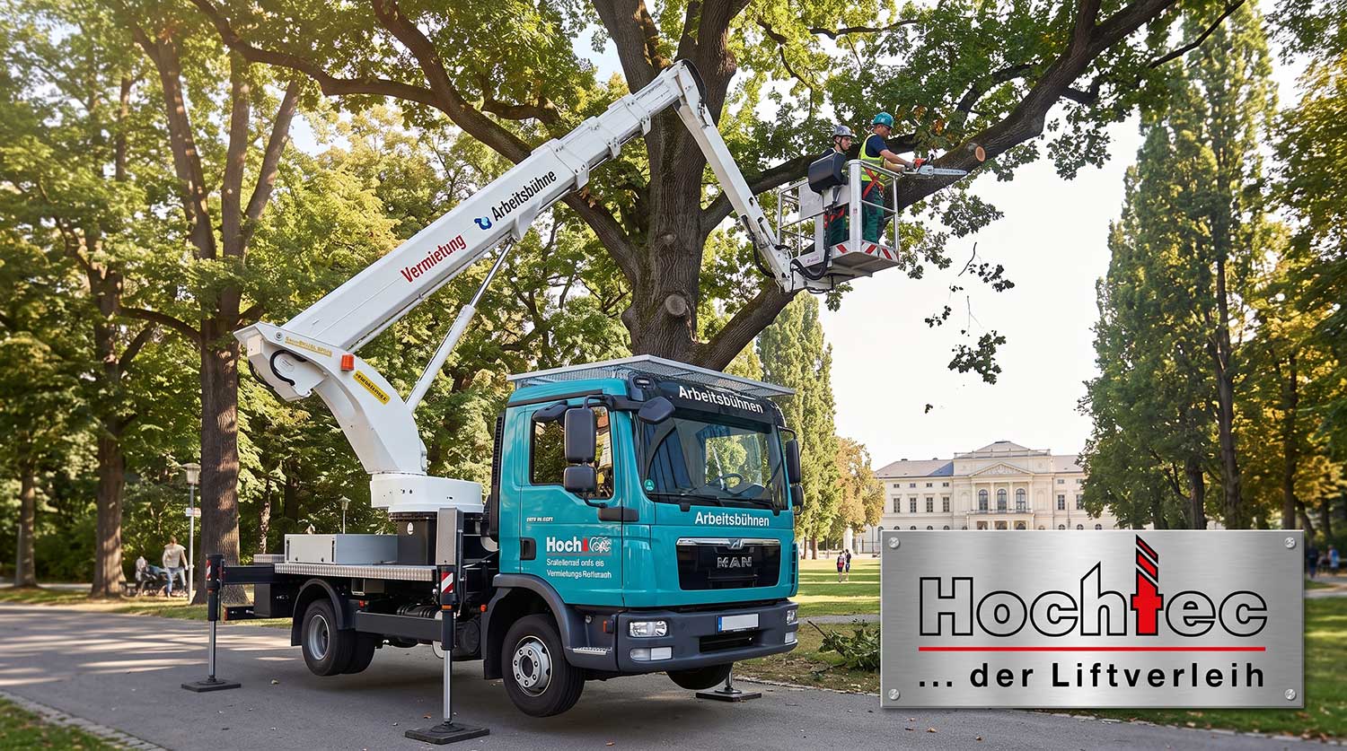 LKW-Arbeitsbühne von Hochtec bei Baumpflegearbeiten an einer großen Eiche
